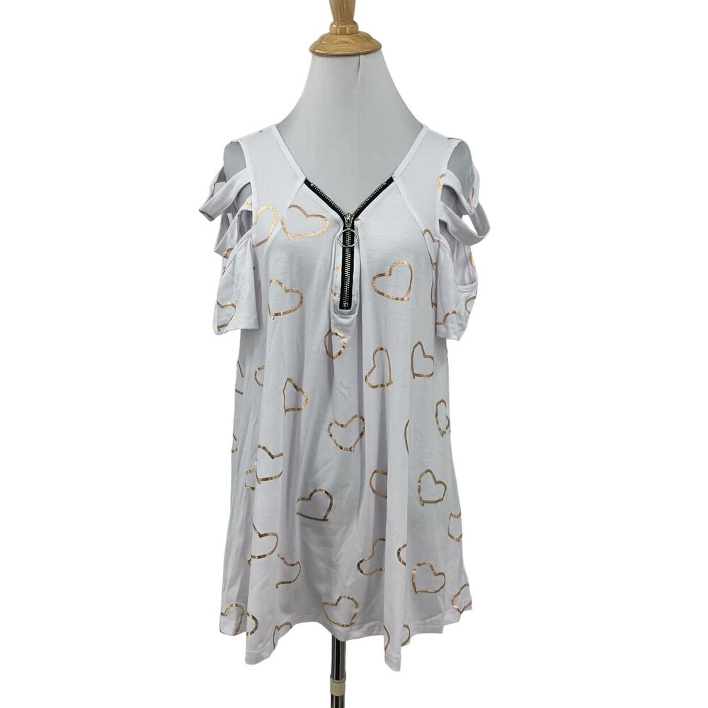 Noracora Top Womens L White Heart Cutout Cold Shoulder Zip V Neck Short Sleeves